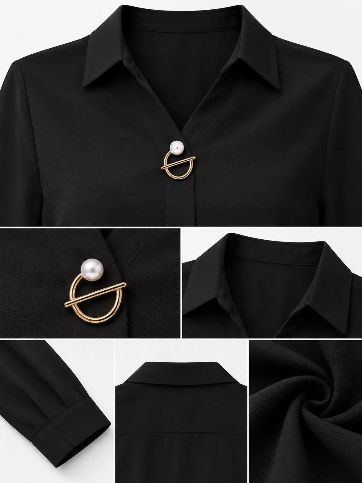 Women's Collared Clasp Detail Long Sleeve Satin Blouse in black — detail collage view