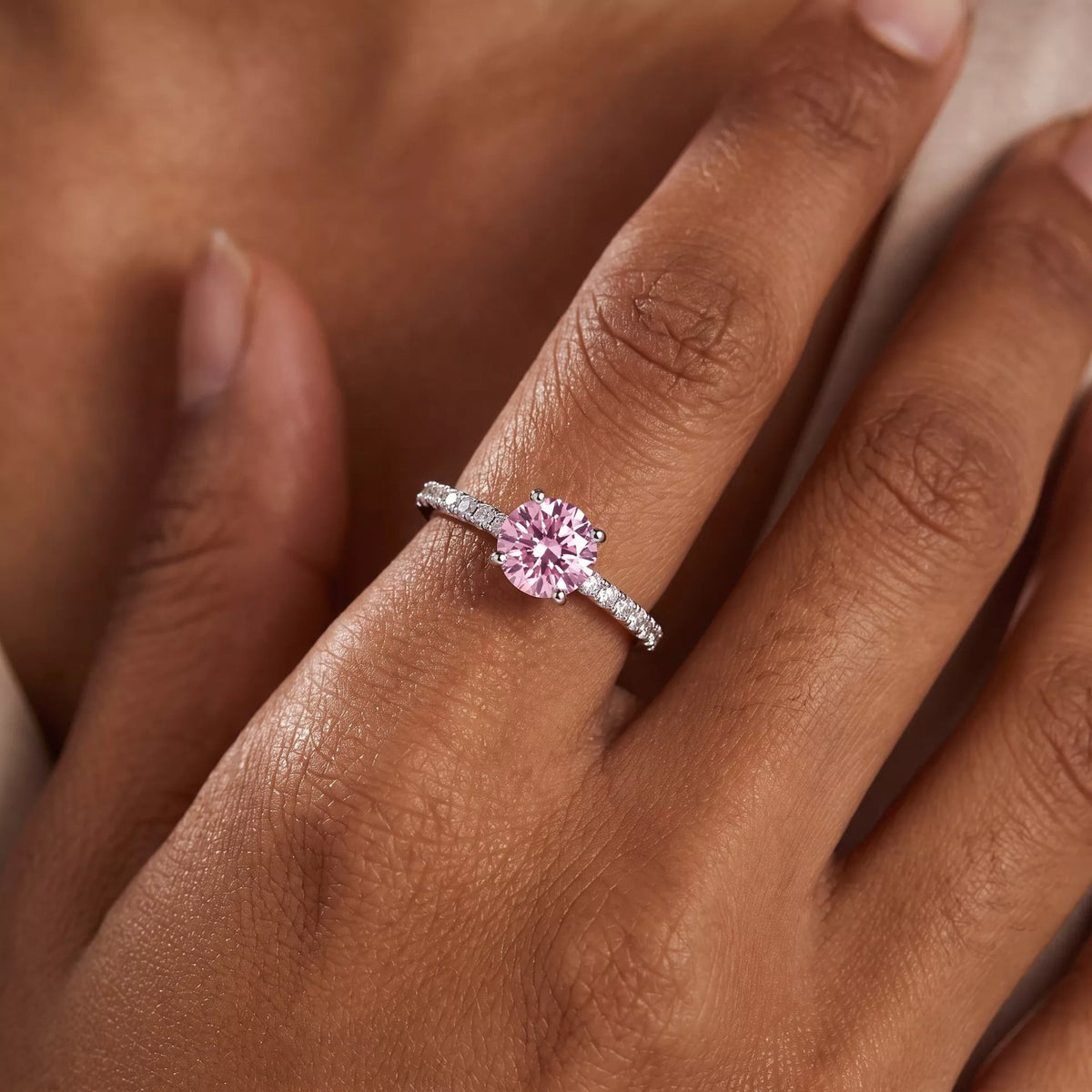 Round Cut Zircon Ring, shown worn