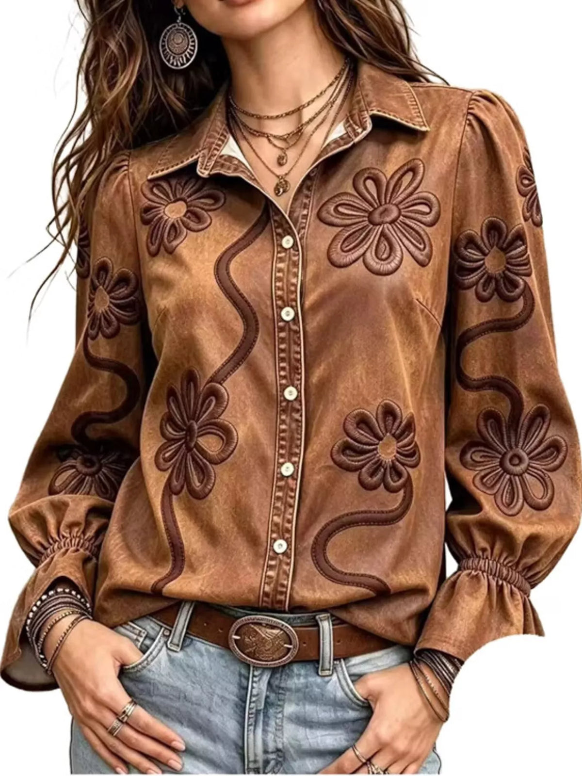 Brown floral-embroidered button-down shirt, front view.