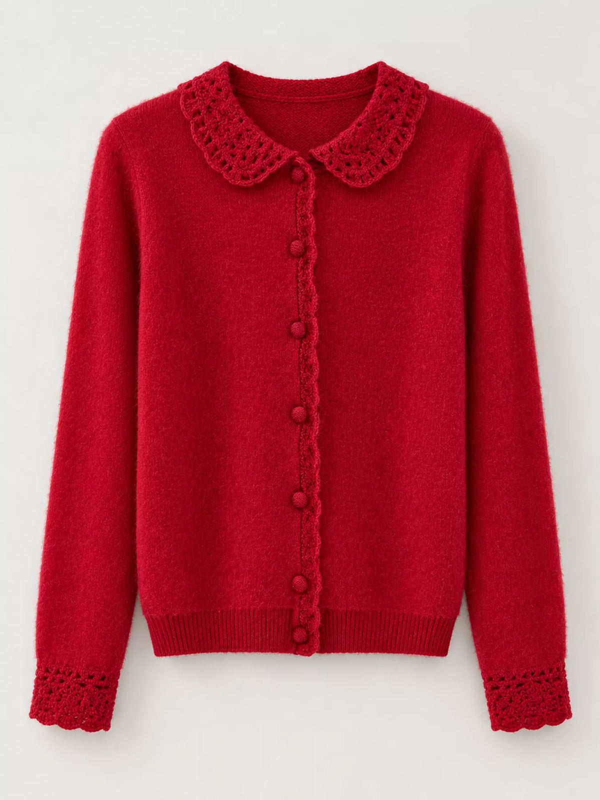 Lace-collar cardigan, red flat lay