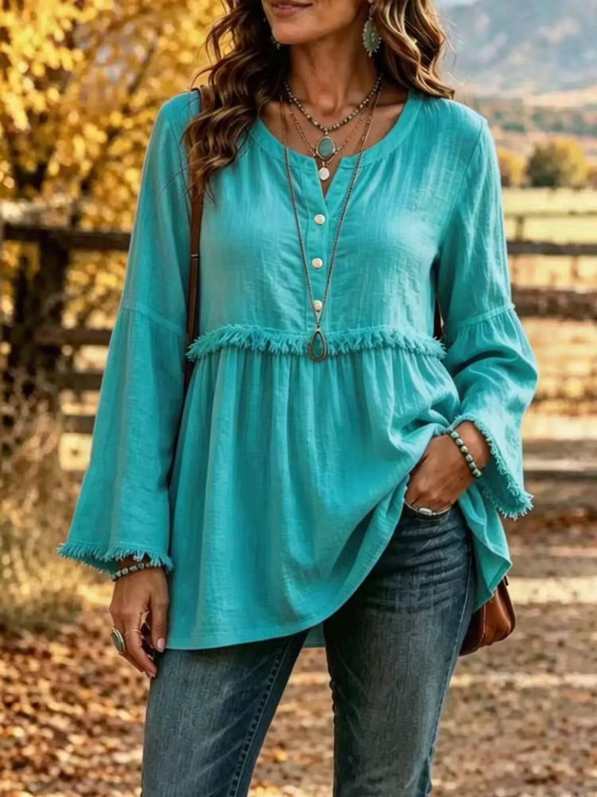 Turquoise fringed button detail blouse