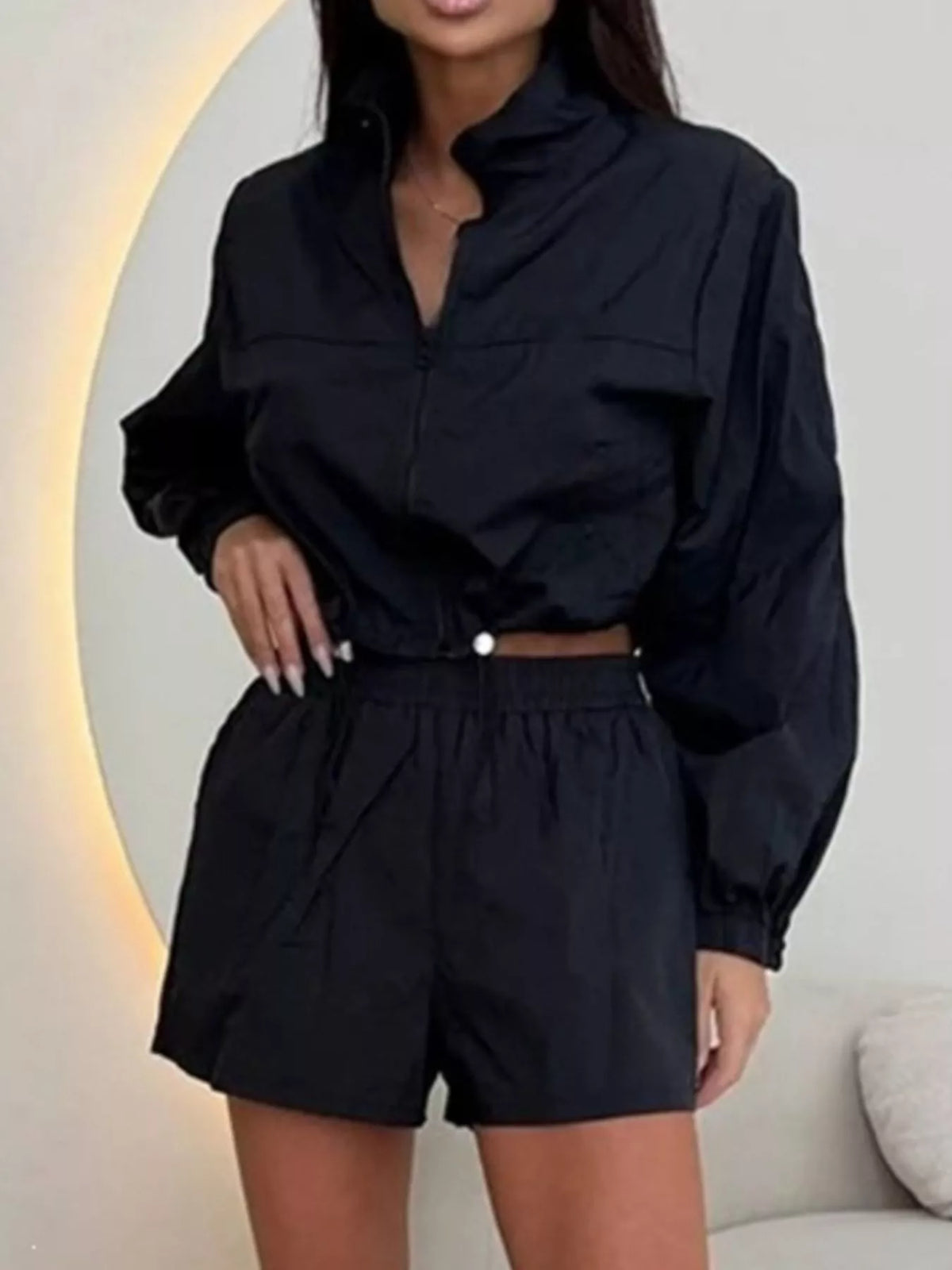 Trendsi Zip-Up Crop Jacket and High-Waisted Shorts Set -