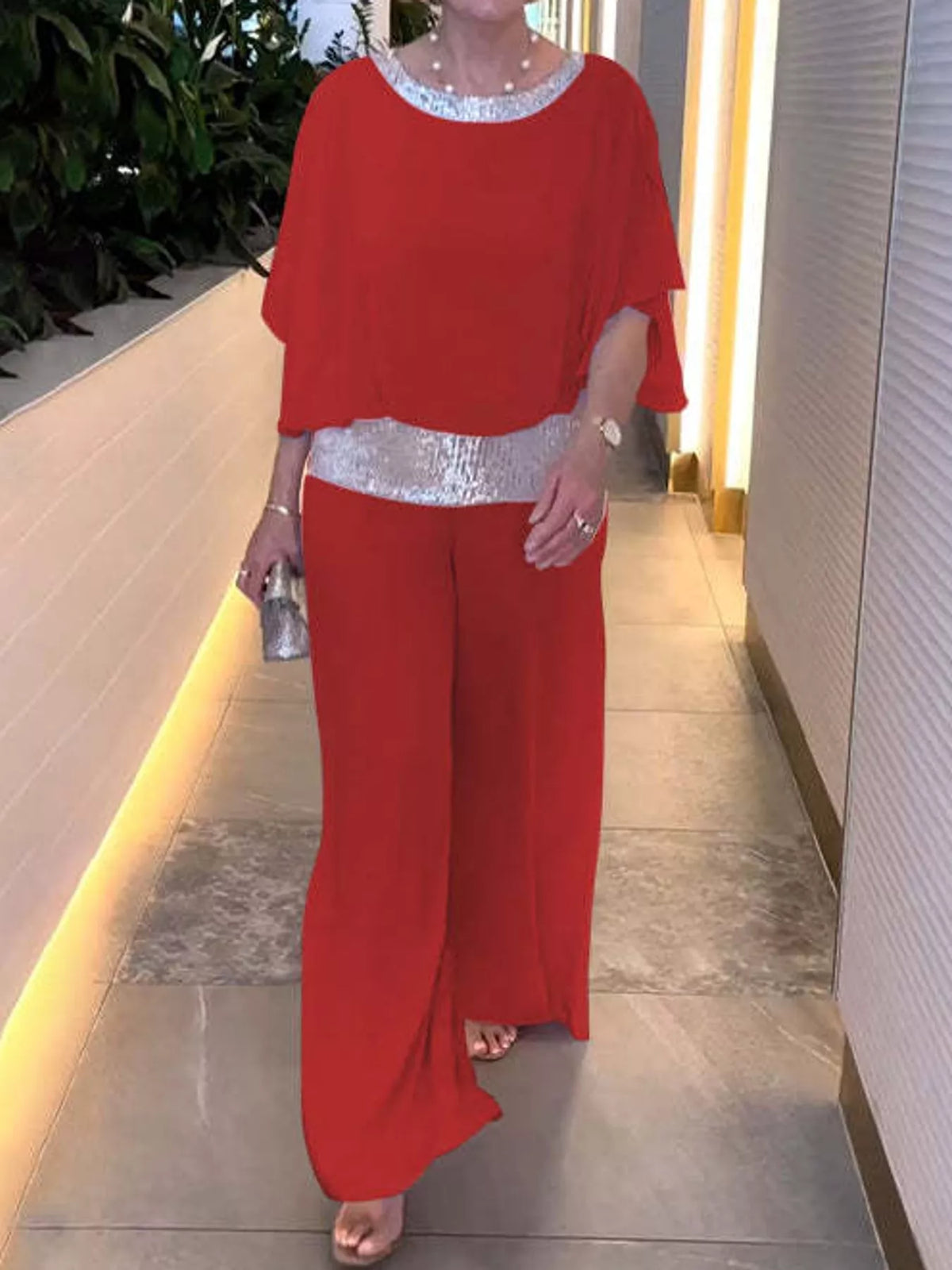 Chiffon Top and Wide-Leg Pants Set — front view