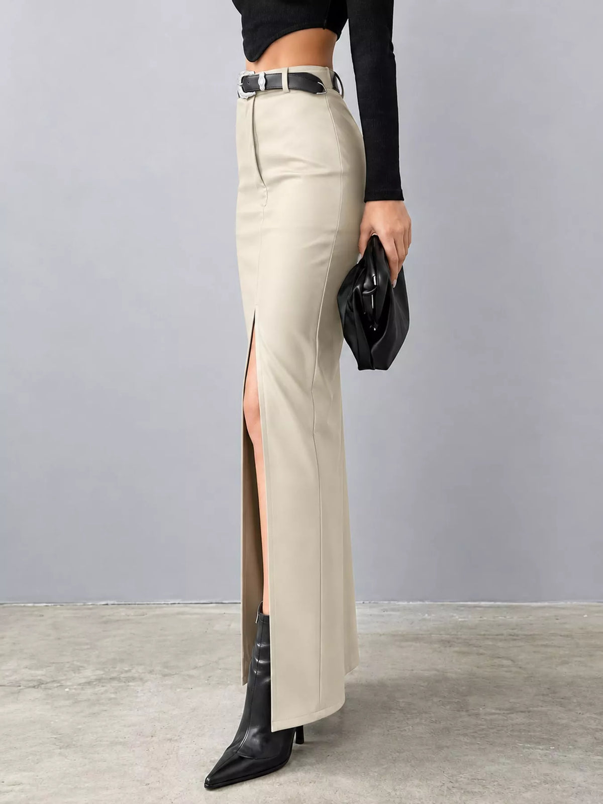 High-Waisted Faux Leather Maxi Skirt with Front Slit — side view