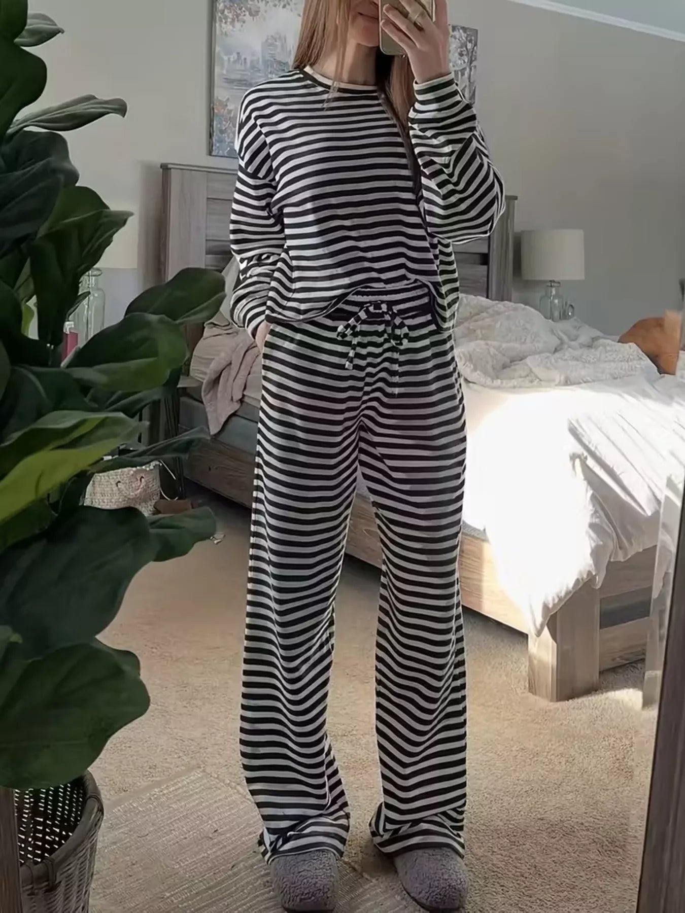 Trendsi Striped Dropped Shoulder Top and Pants Set -