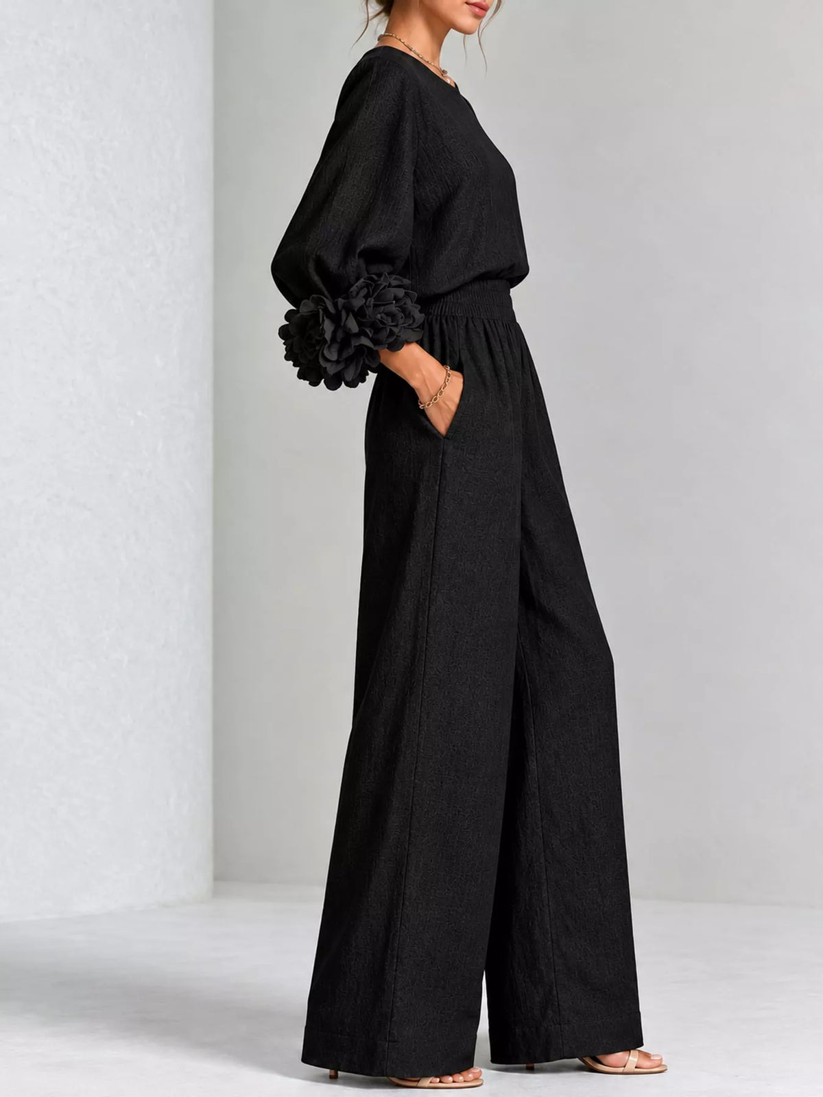 Floral Sleeve Embellishments Top and Pants Set — side view