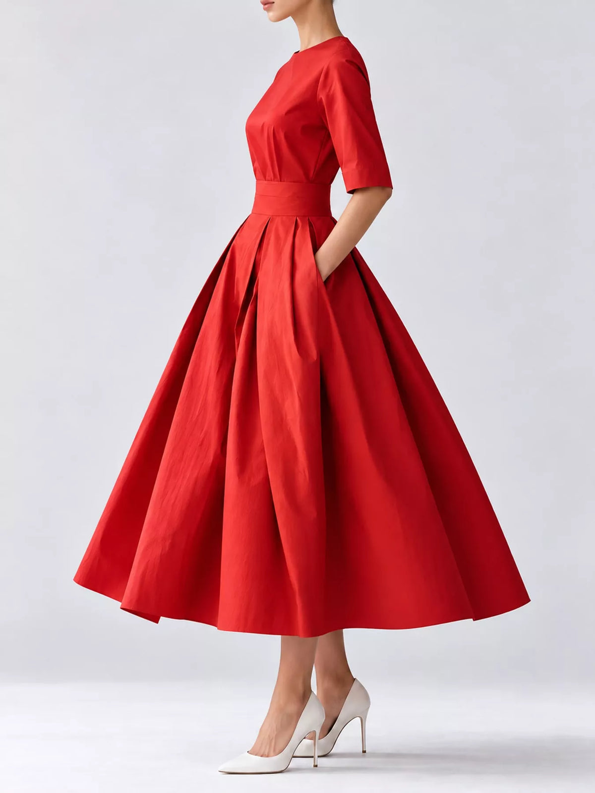 Round neck short sleeve midi dress, side view