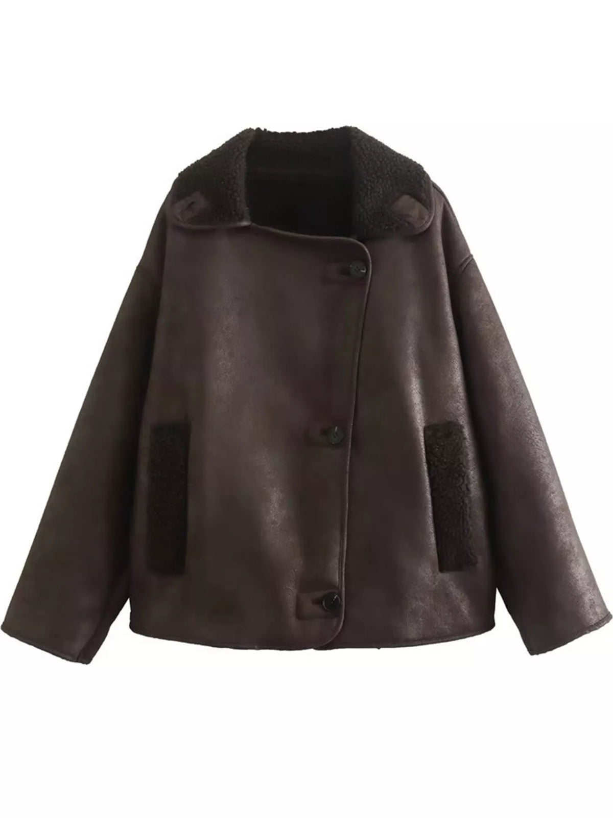 Sherpa-collar jacket, brown flat front