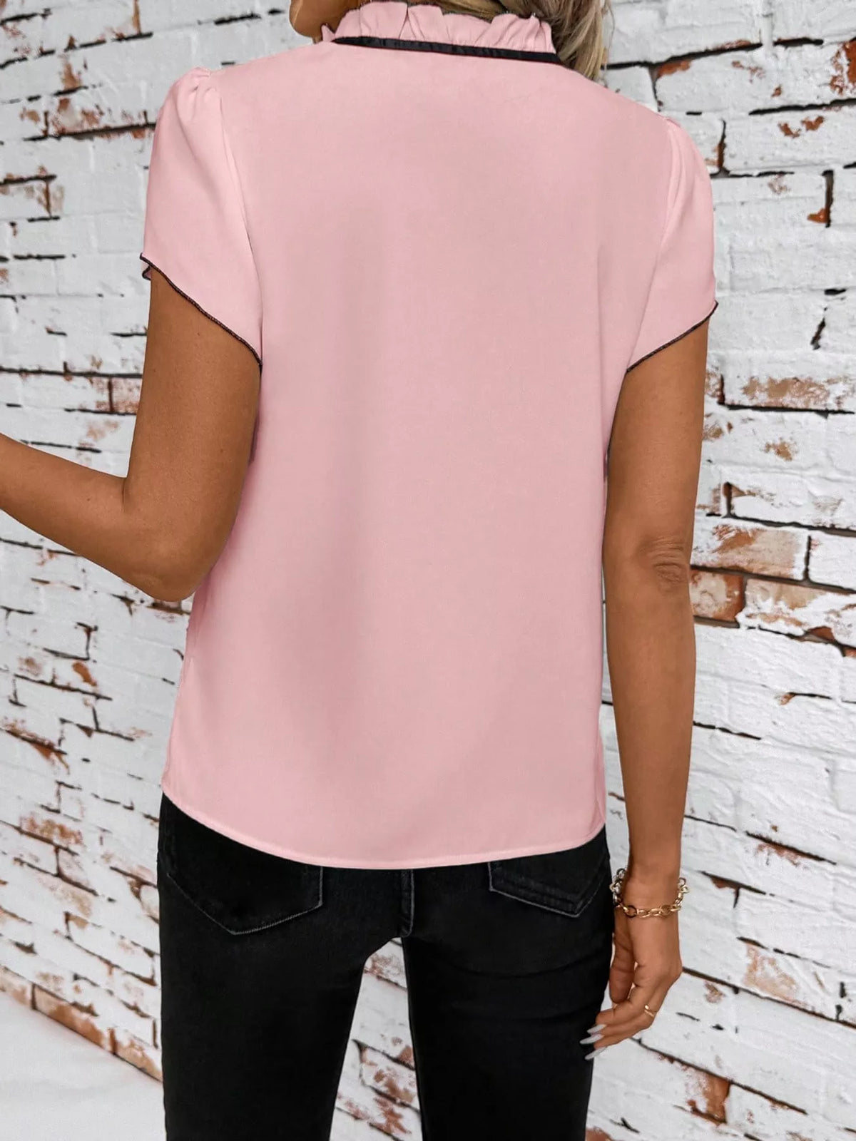Contrast Trim Ruffle Sleeve Tie-Front Blouse, back view in pink and black
