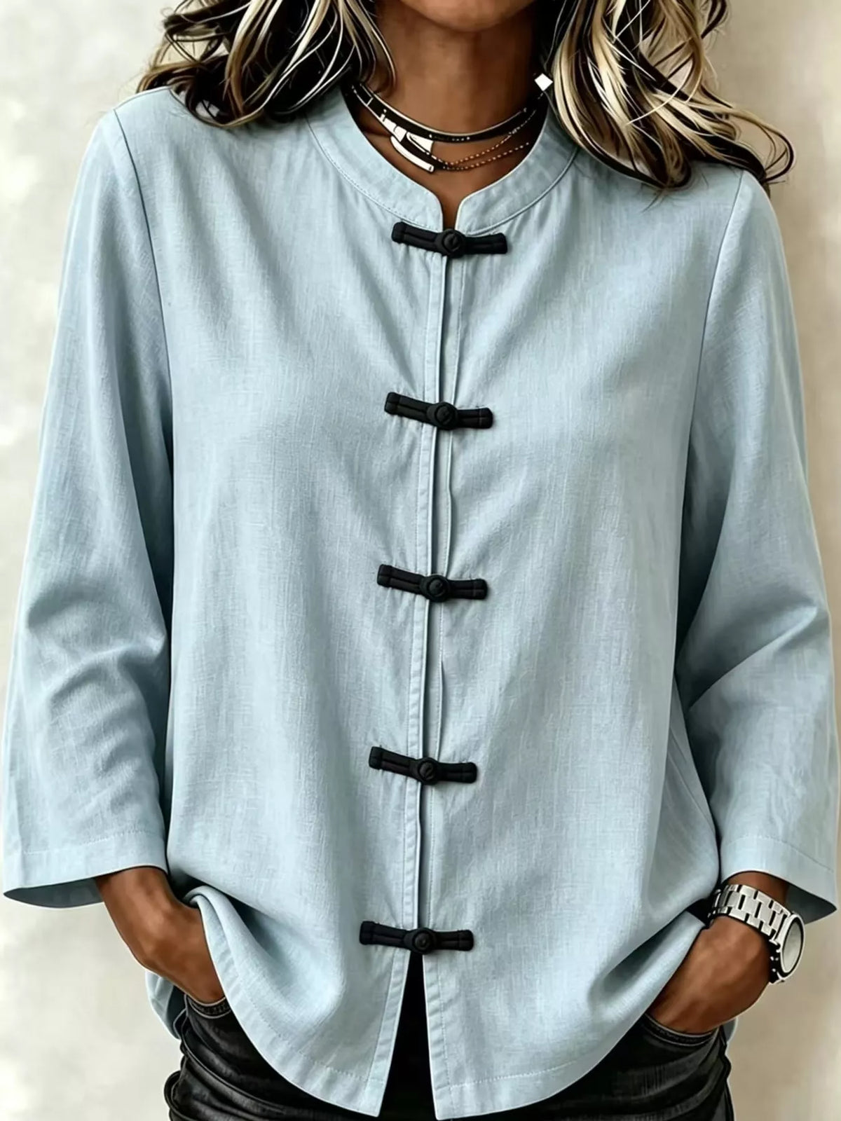 Chinese Style Mandarin Collar Blouse in light blue, front view