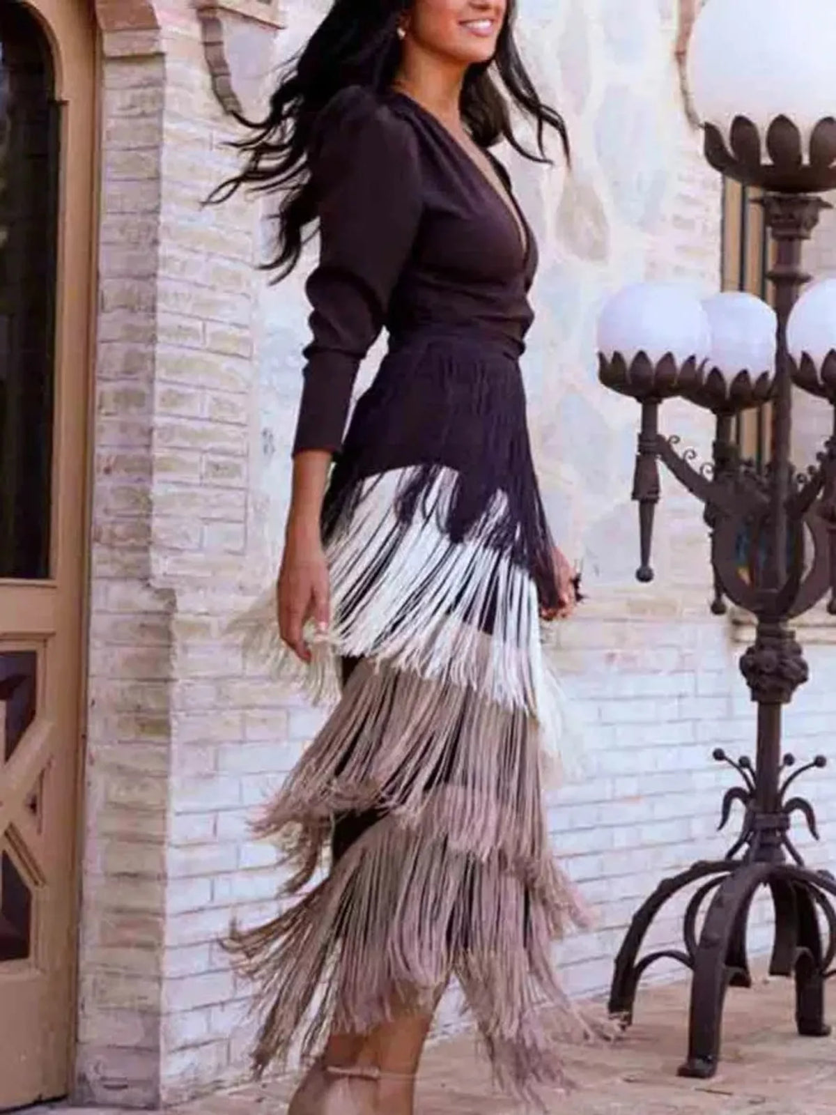 Women's Fringed V-Neck Puff Sleeve Midi Dress in brown multicolor — side view