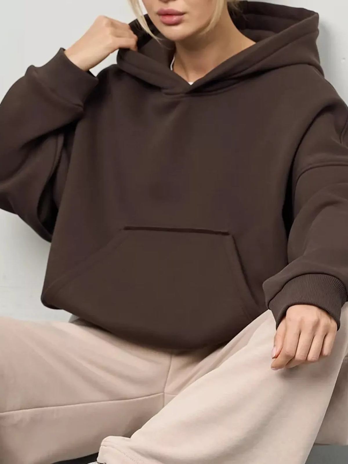Kangaroo Pocket Drawcord Hem Hoodie in brown, front view