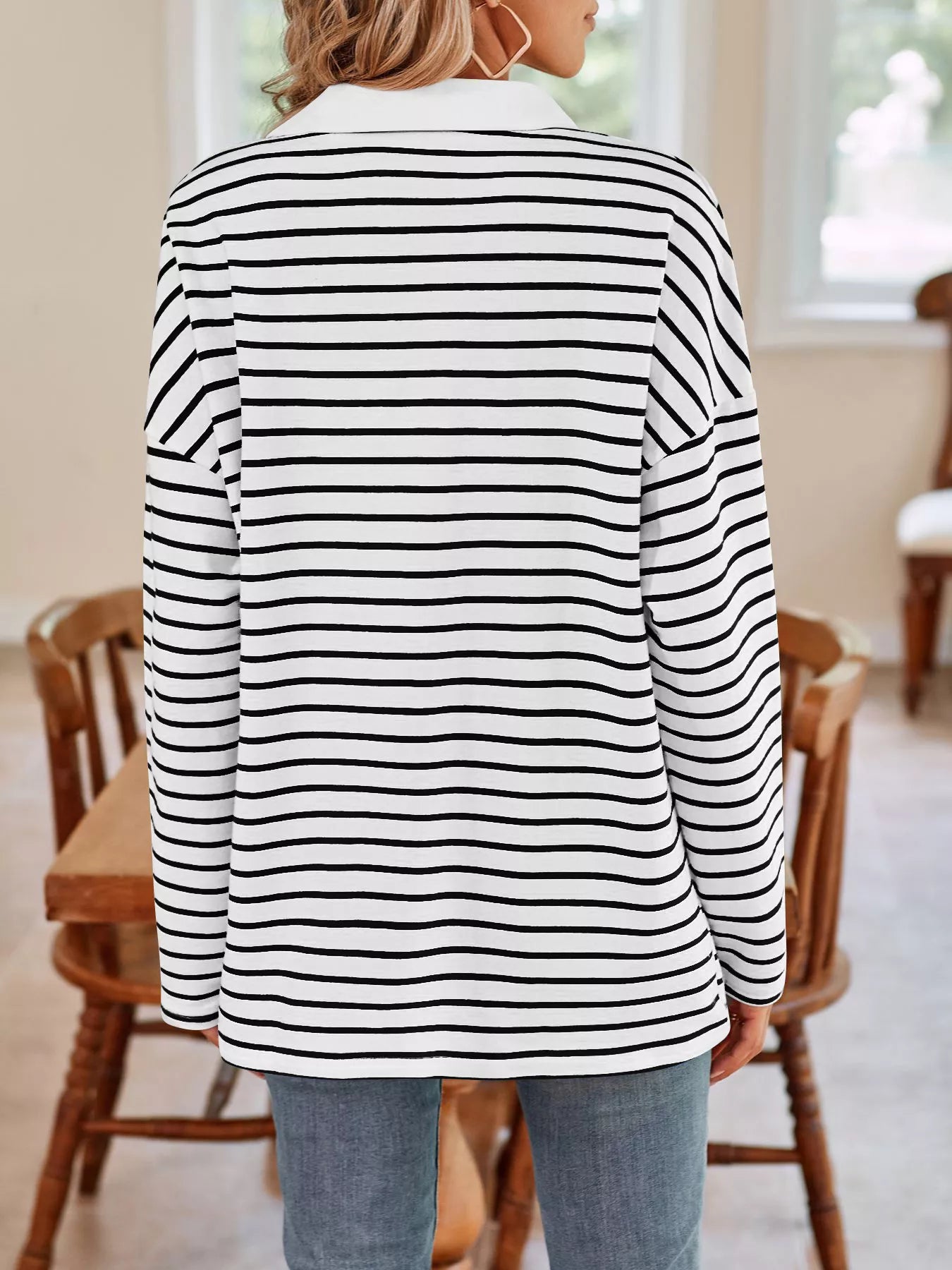 Trendsi Oversized Striped Johnny Collar T-Shirt -