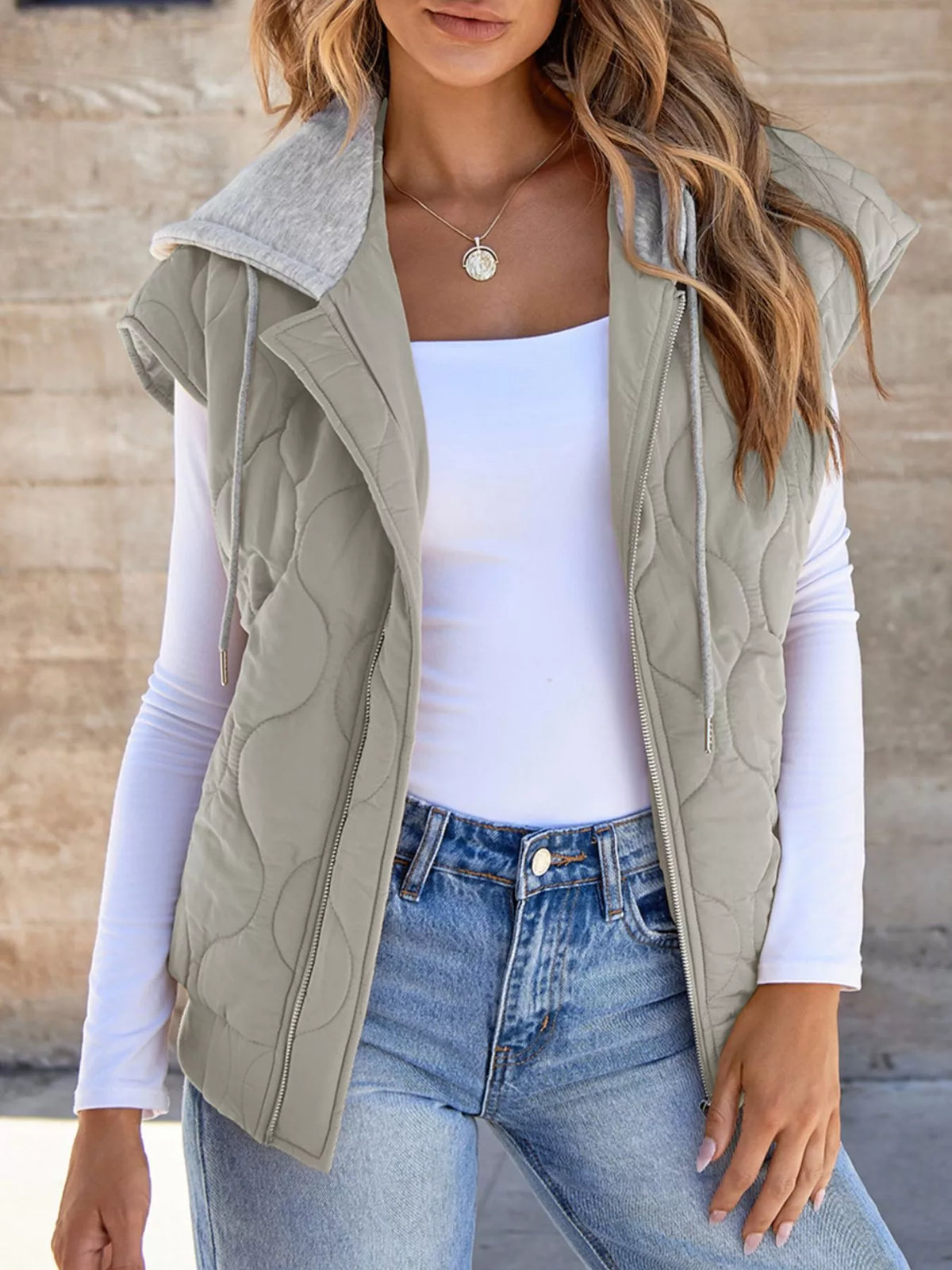 Hooded puffer vest, beige open front