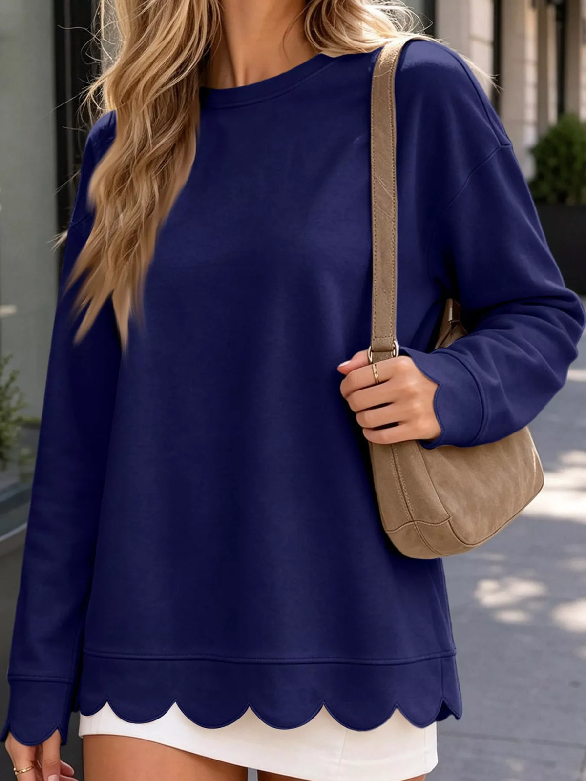 Navy Blue scalloped hem crewneck sweatshirt