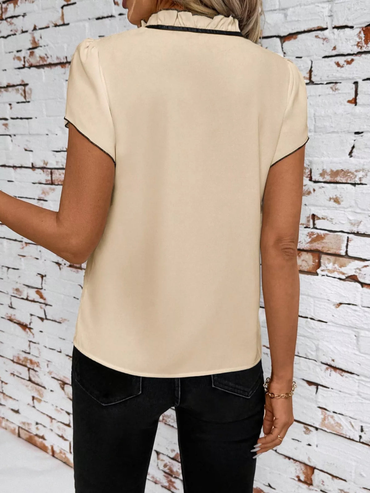 Contrast Trim Ruffle Sleeve Tie-Front Blouse, back view in beige and black