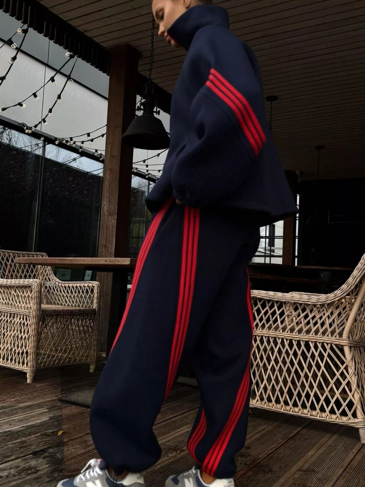 Trendsi Contrast Striped Zip Up Top and Pants Set -