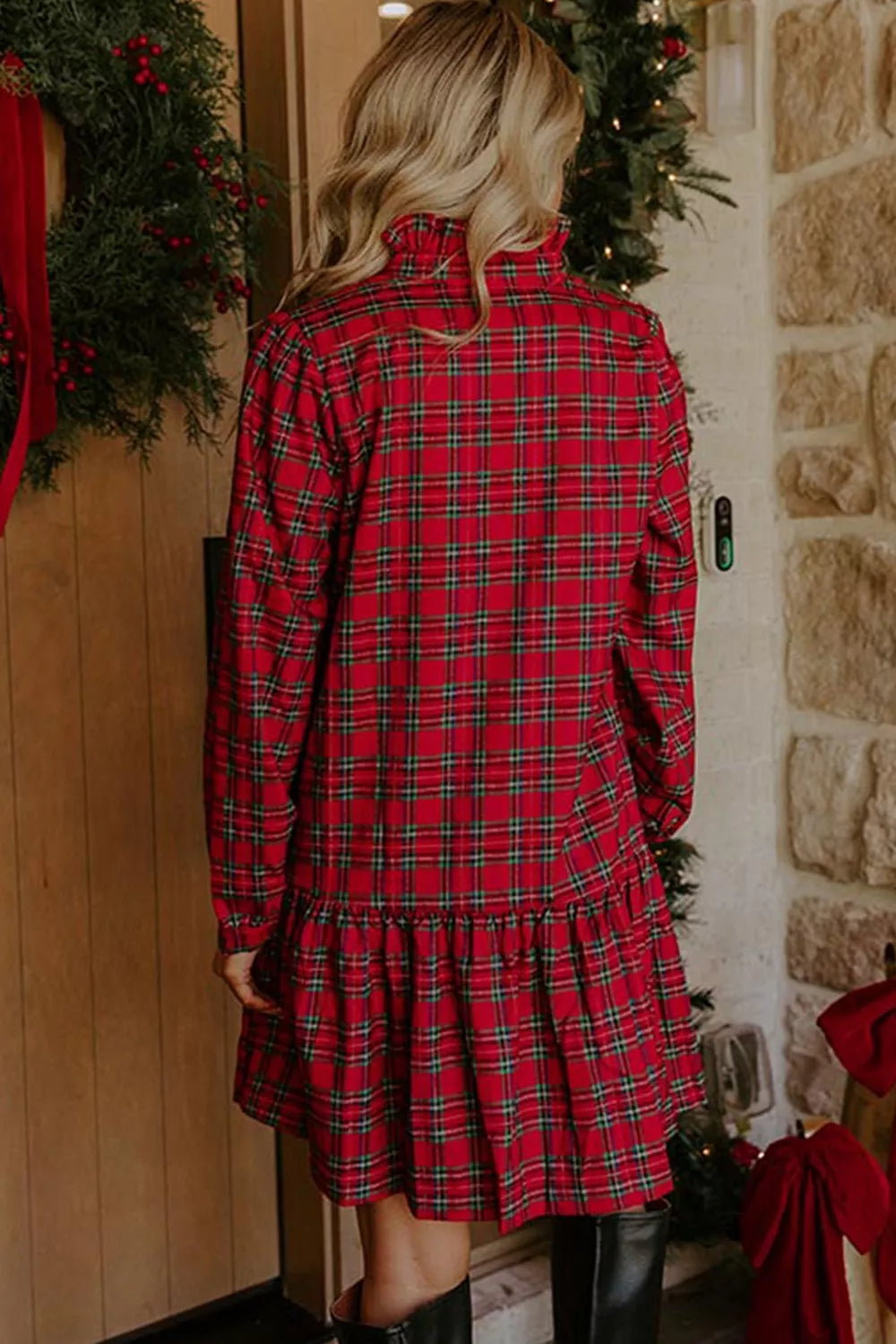 Trendsi Plaid Long Sleeve Mini Shift Silhouette Decoration Dress -