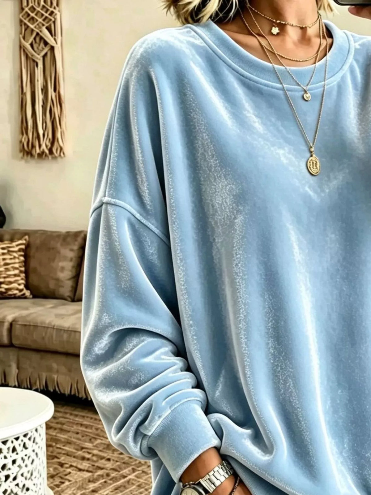 Women's Velvet Dropped Shoulder Crew Neck Sweatshirt in light blue — texture detail view