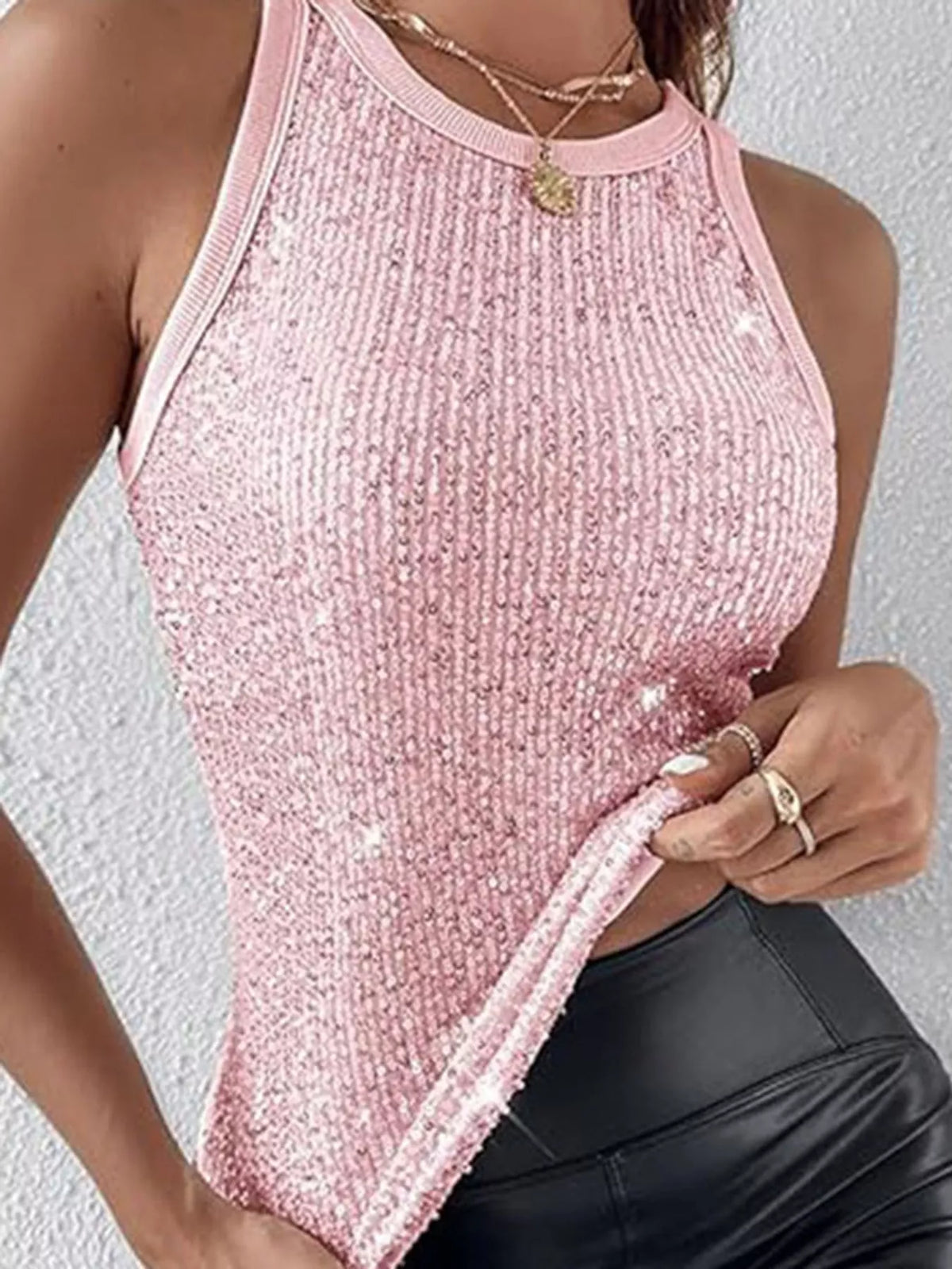 Pink sequin round neck tank, detail view