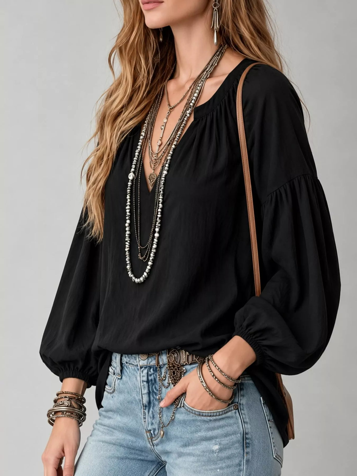 Notched Balloon Sleeve Blouse in black, side view