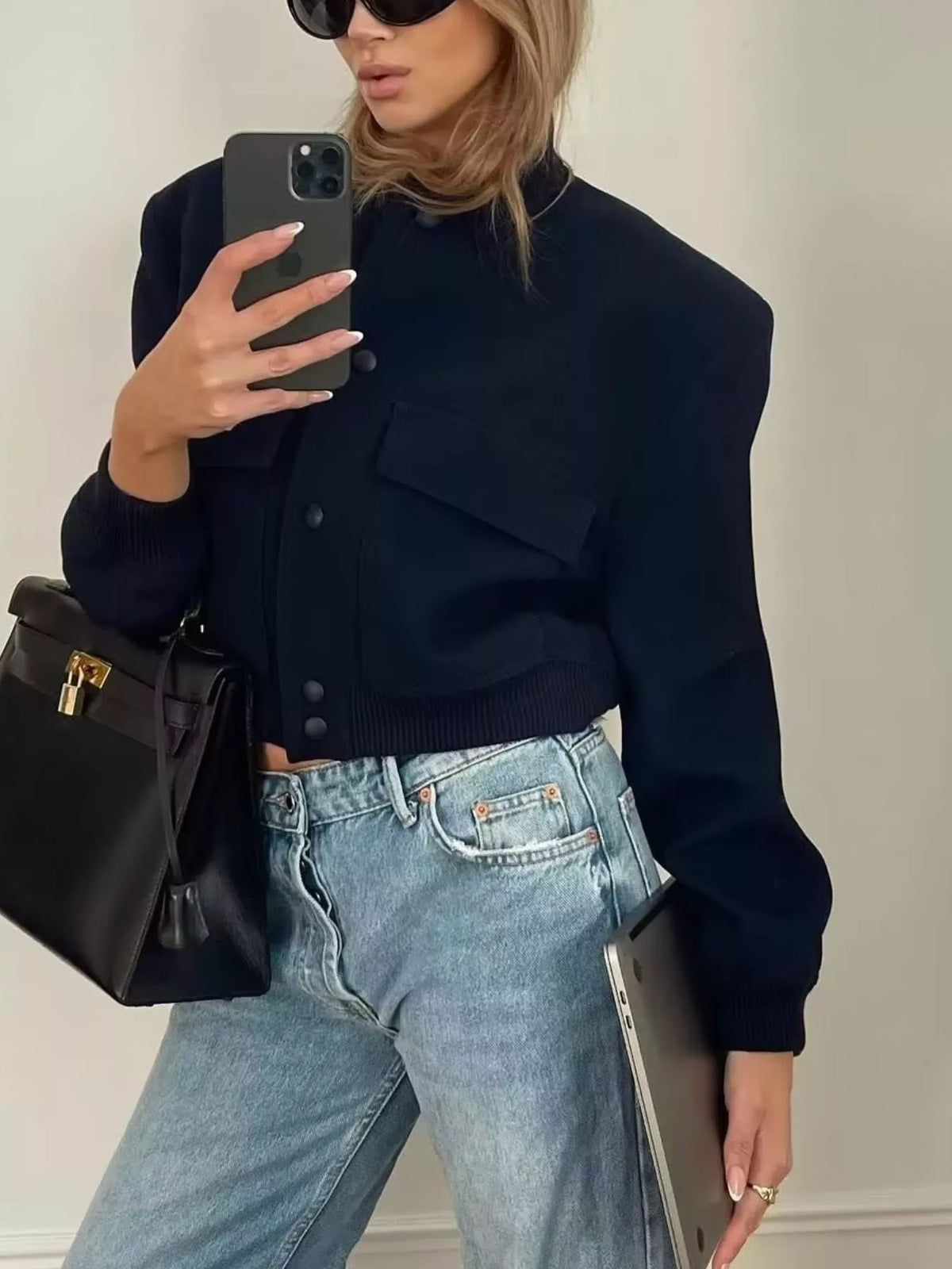 Snap-Down Cropped Bomber Jacket, front view