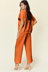 Trendsi Double Take Full Size Texture Half Zip Short Sleeve Top and Pants Set -