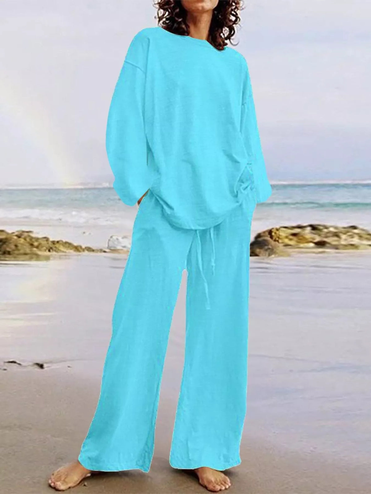 Women's Round Neck Top and Drawstring Wide-Leg Pants Set in turquoise — front view