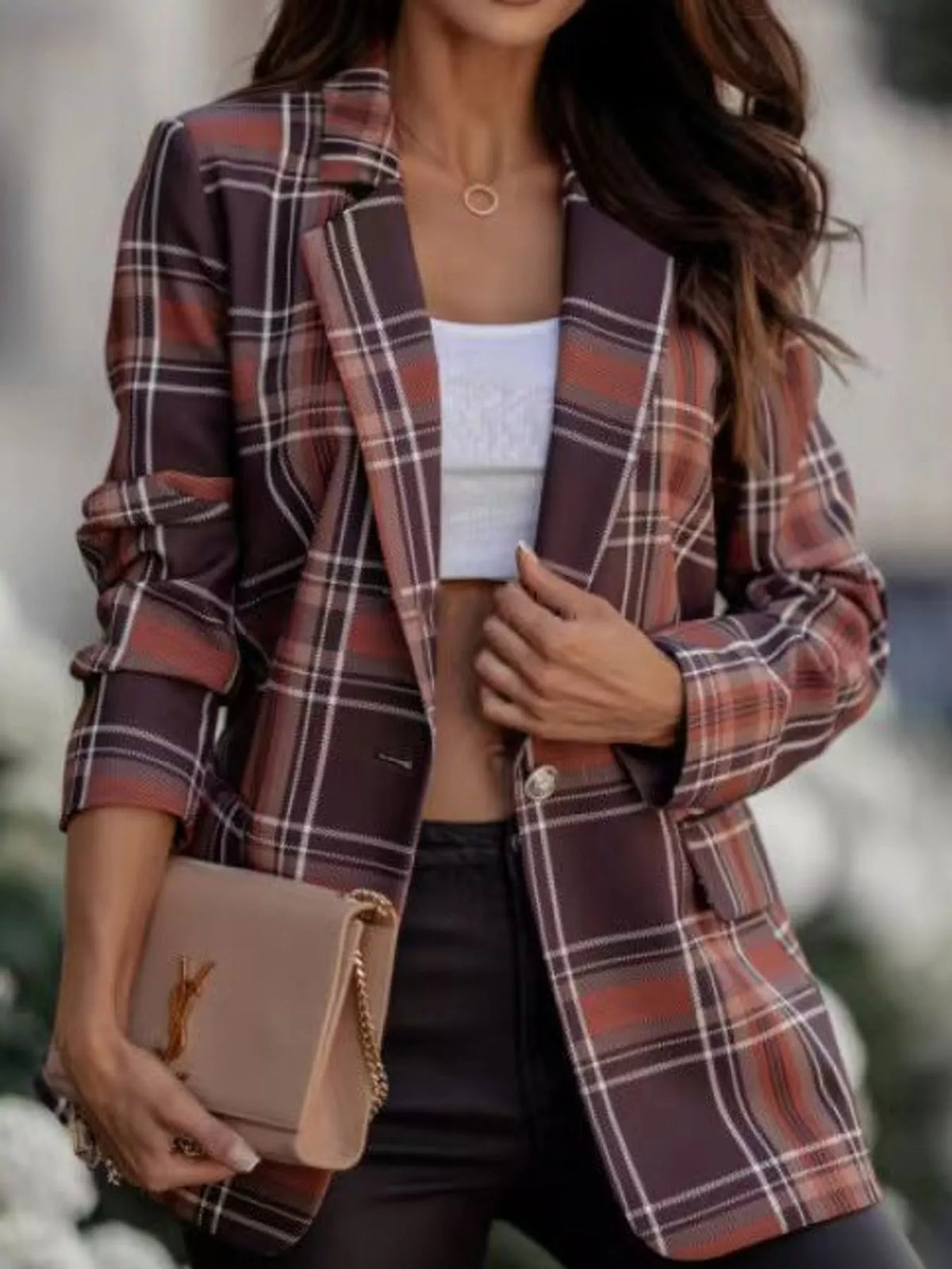 Collared long sleeve blazer, front view on model