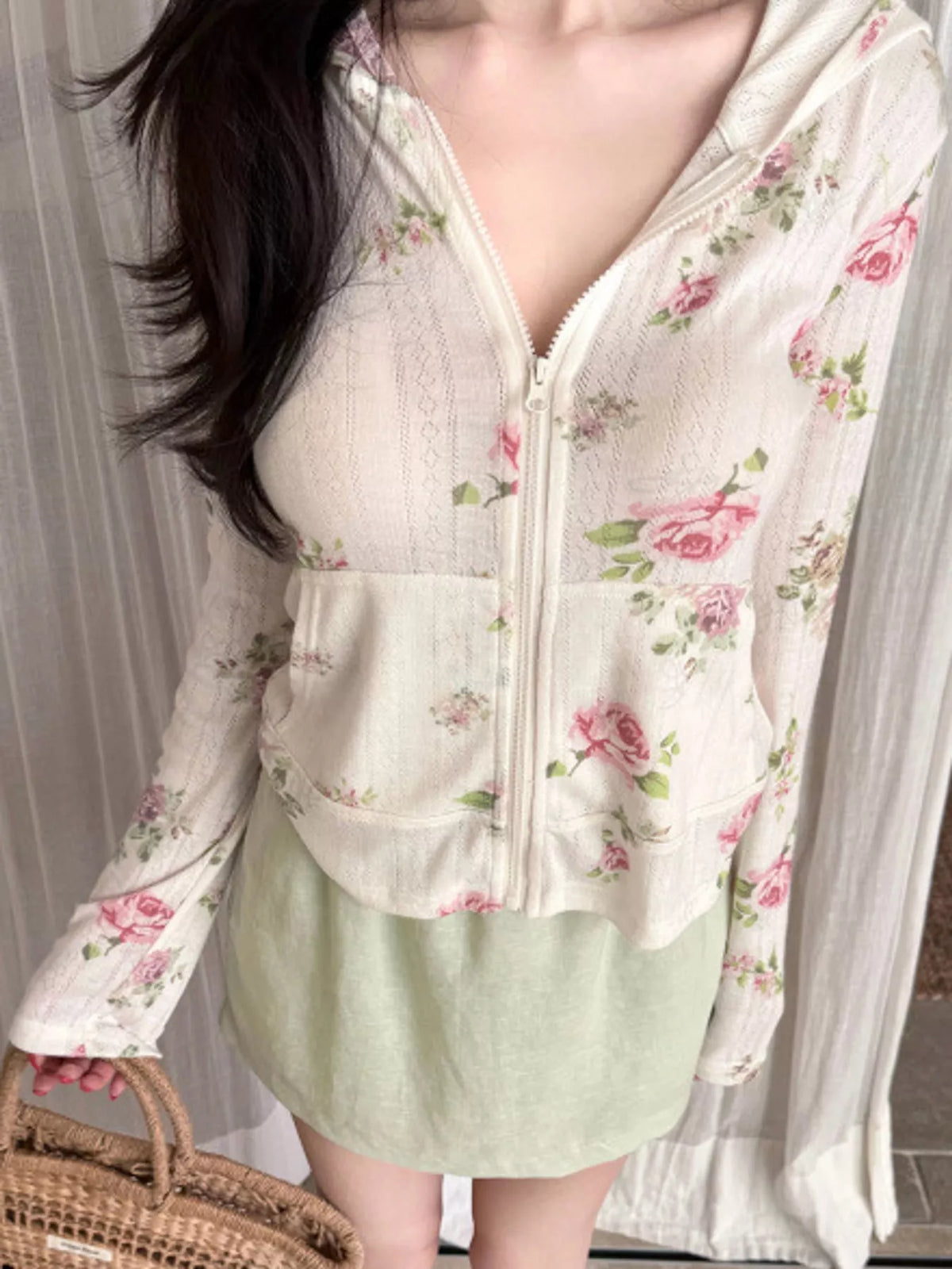 White floral print zip-up knit hoodie