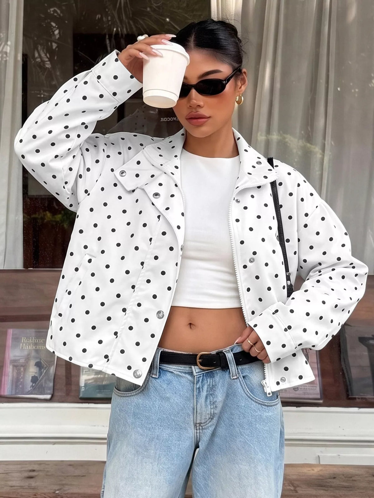 Trendsi Polka Dot Zip Up Cropped Jacket -