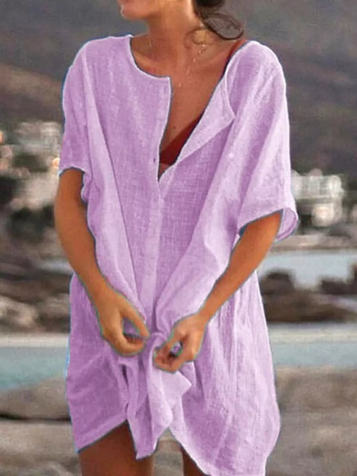 Linen-blend shirt, purple knotted front