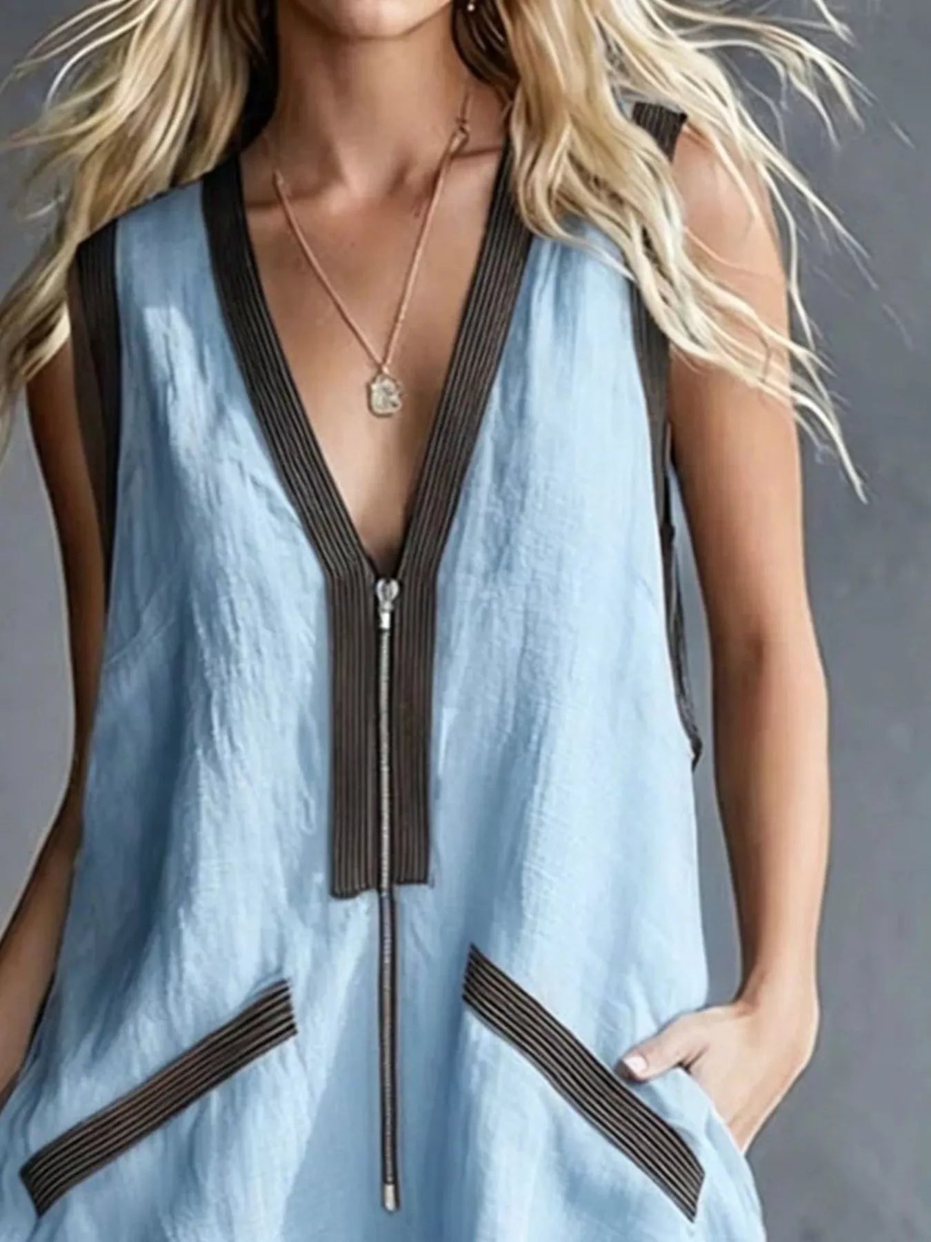 Trendsi V-Neck Zipper Front Romper with Contrast Trim -