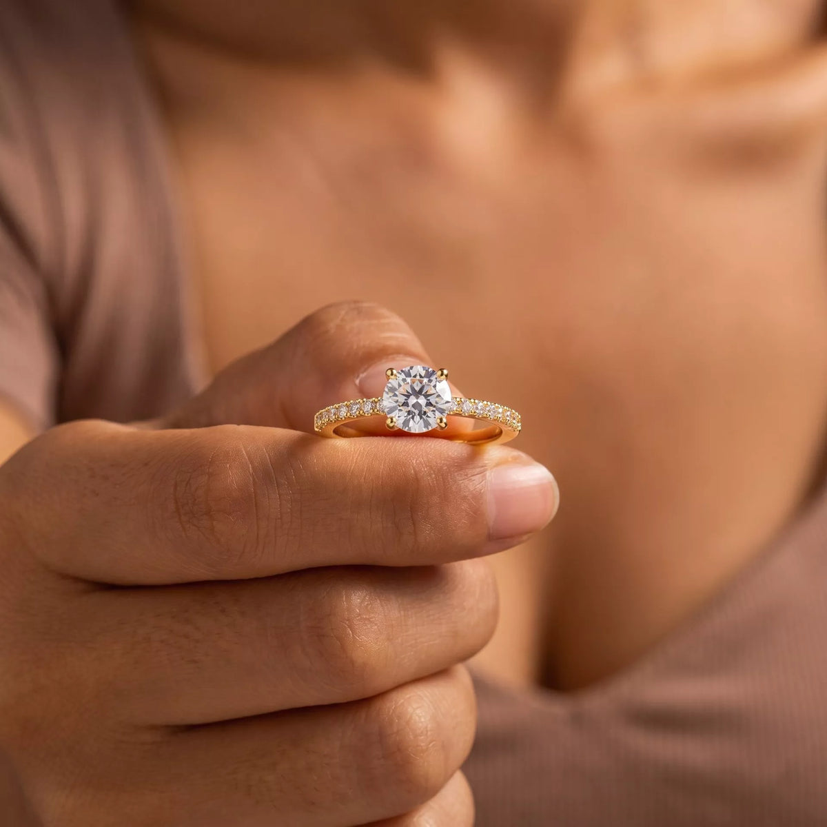 Round Cut Zircon Ring, shown worn