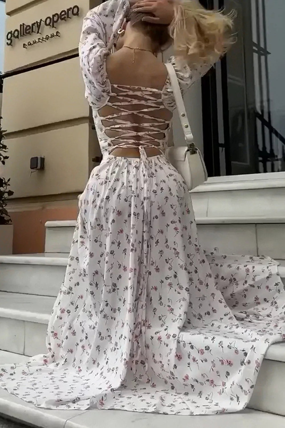 Trendsi Floral Print Lace Up Back Slit Maxi Dress -