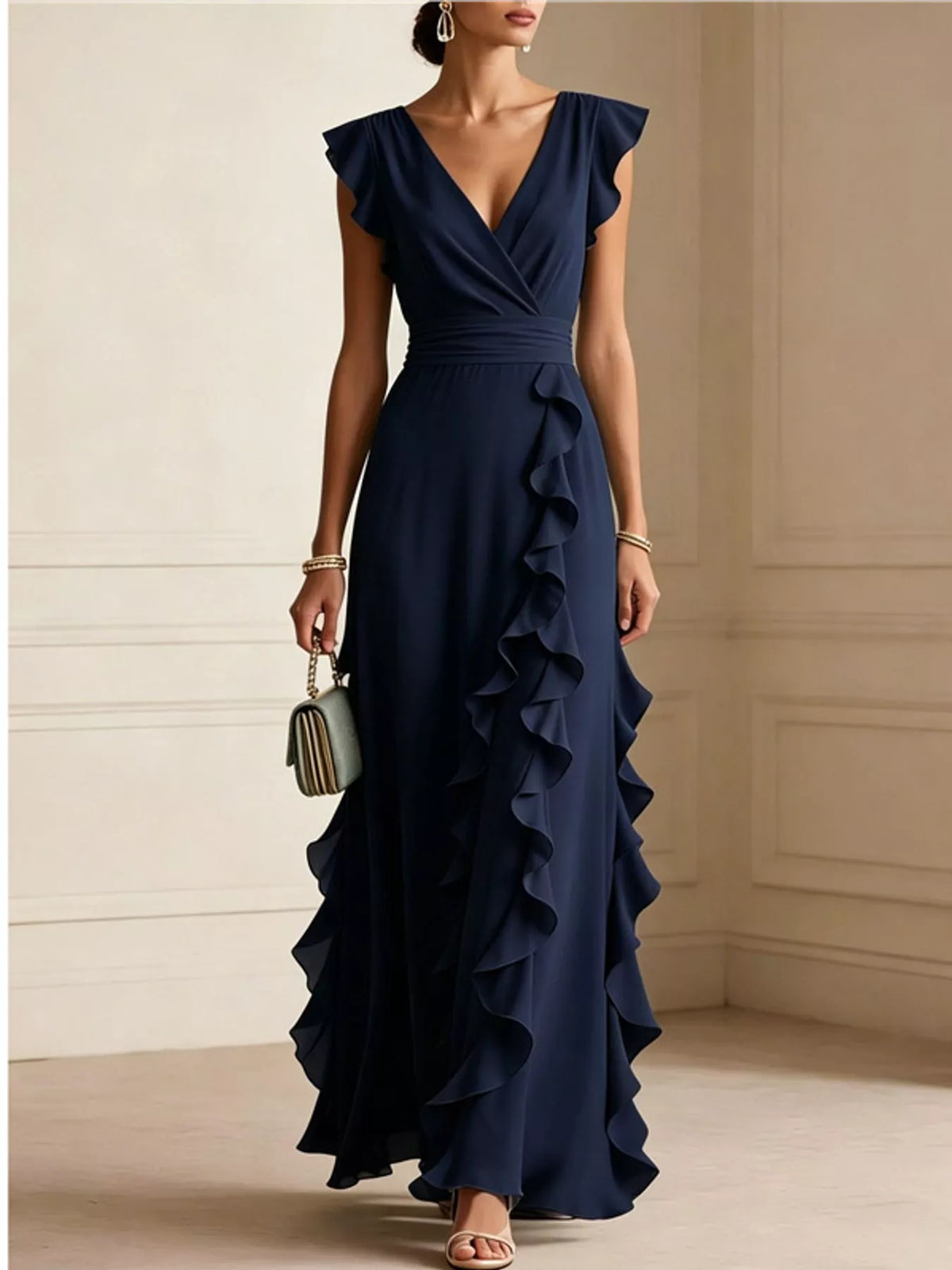 Navy ruffled surplice maxi dress, front view