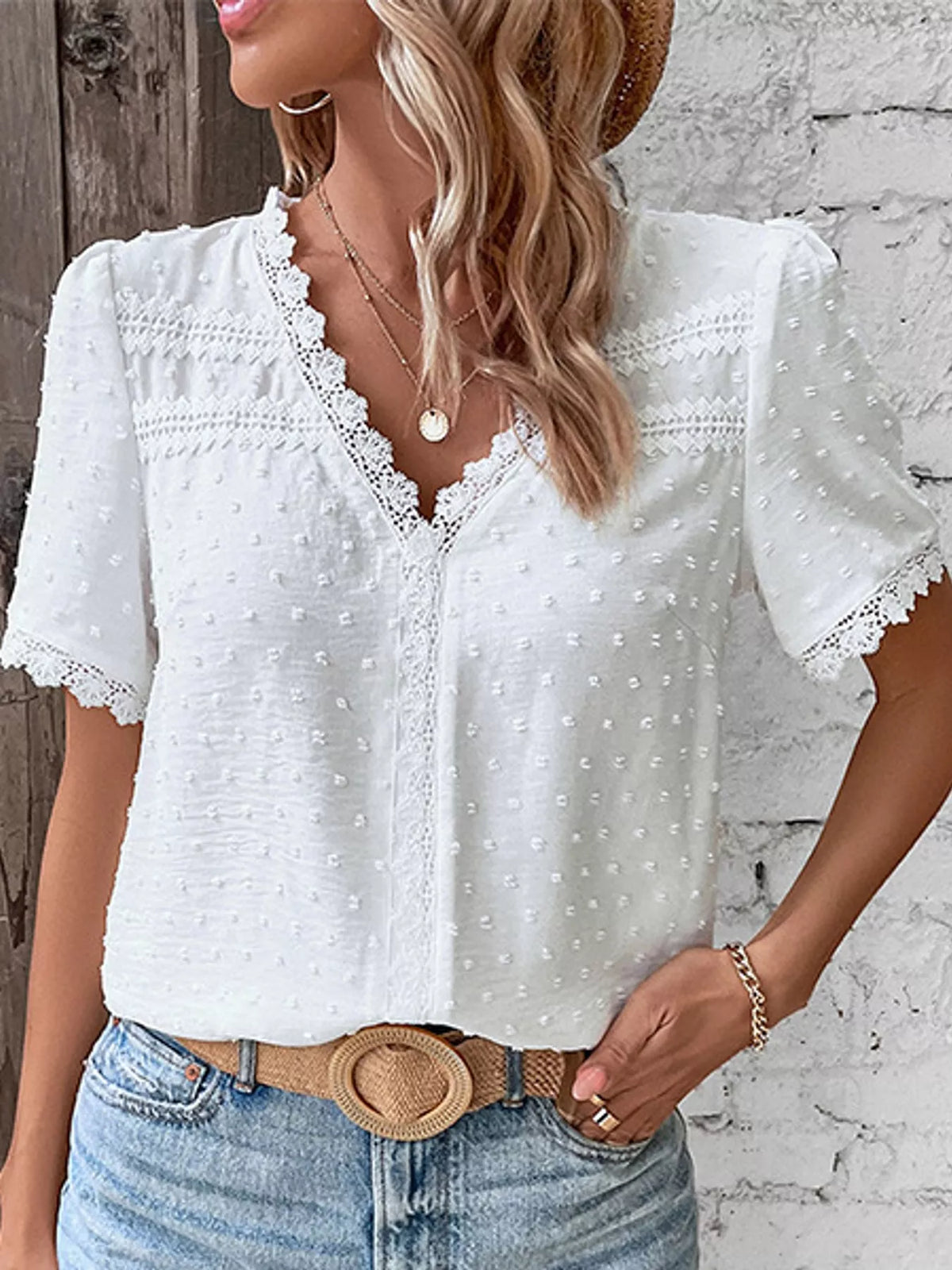 White swiss dot v-neck blouse with lace trim