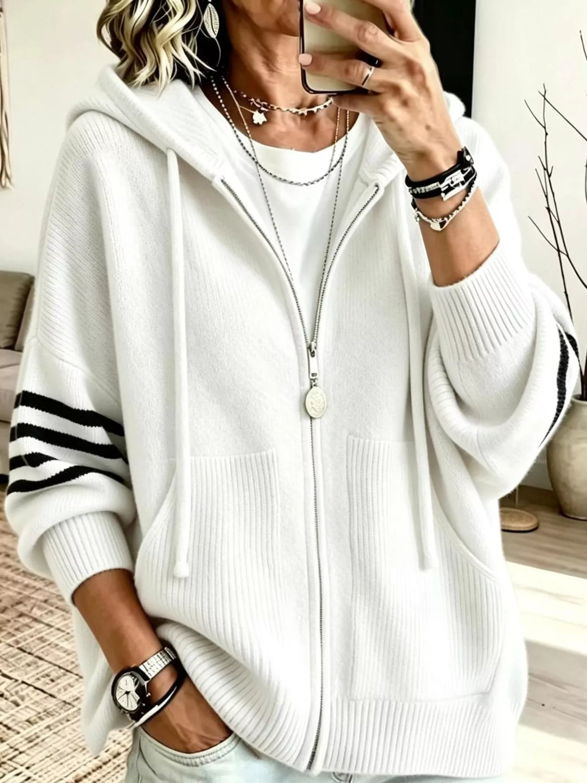 White hooded zip-up knit cardigan