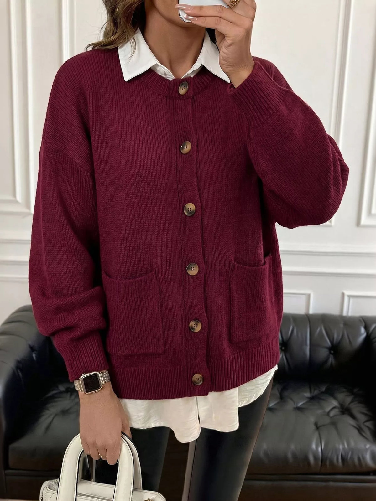 Wine red button up dropped shoulder cardigan