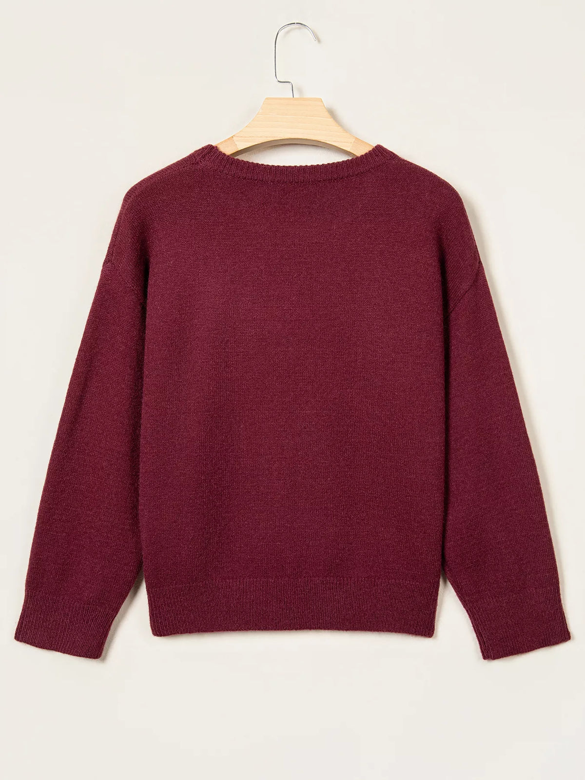 Burgundy christmas sequin candy cane sweater — back view