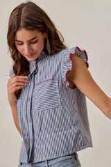 Trendsi SO ME Stripe Twill Stitch Ruffled Hidden Button Vest Top -