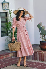 Trendsi SO ME Stripe Textured Short Sleeves Lined Wrap Midi Dres -