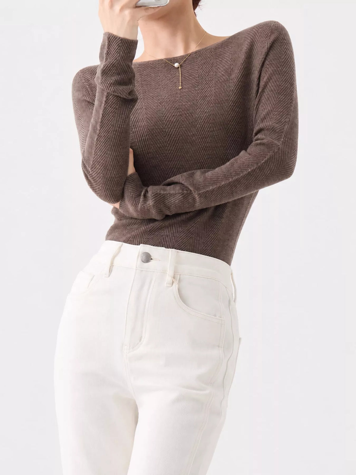Brown herringbone knit sweater