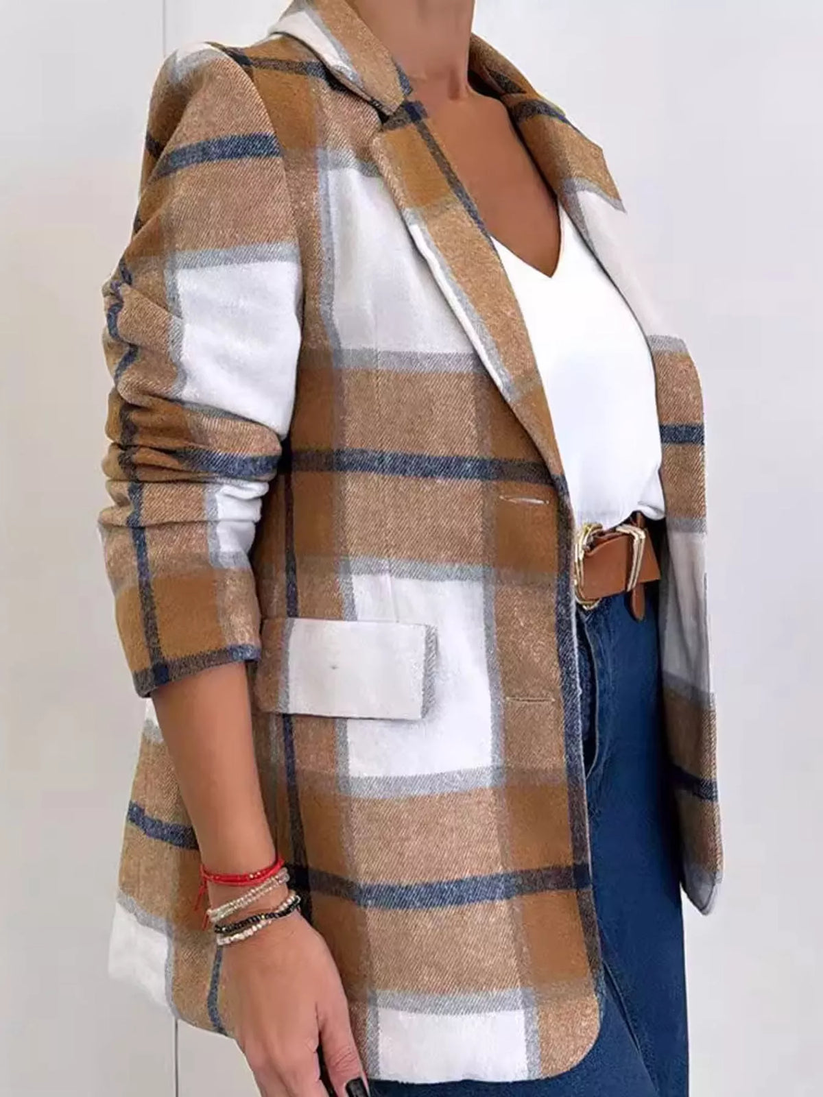 Classic Plaid Print Long Sleeve Blazer in camel