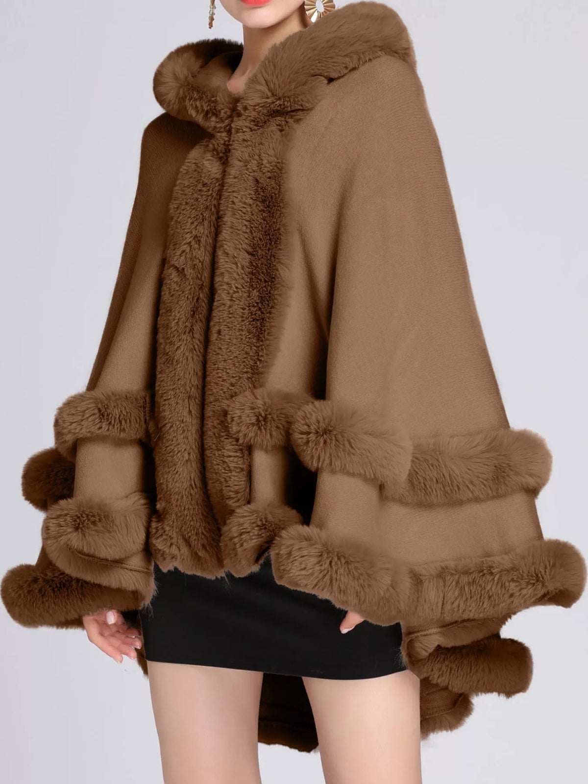 Faux-fur-trim cape, brown front