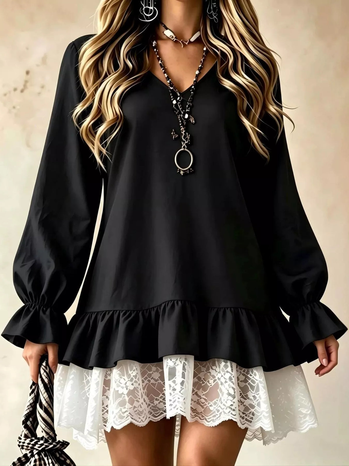 Lace-hem dress, black front