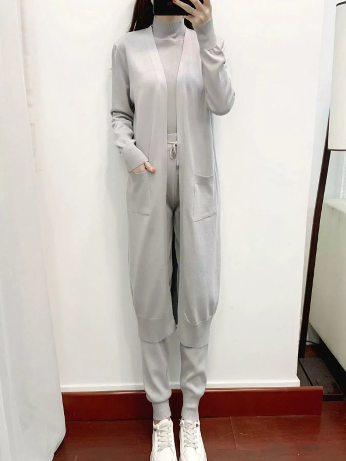 Sleeveless Top and Drawstring Joggers Sweater Set with Long Cardigan — front view