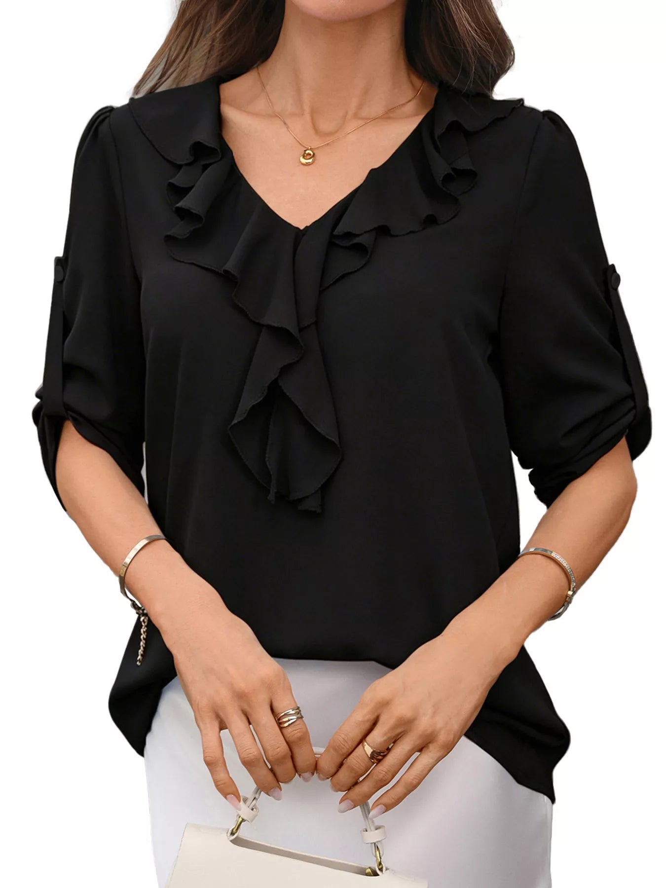 Trendsi Ruffled V-Neck Roll-Up Sleeves Blouse -