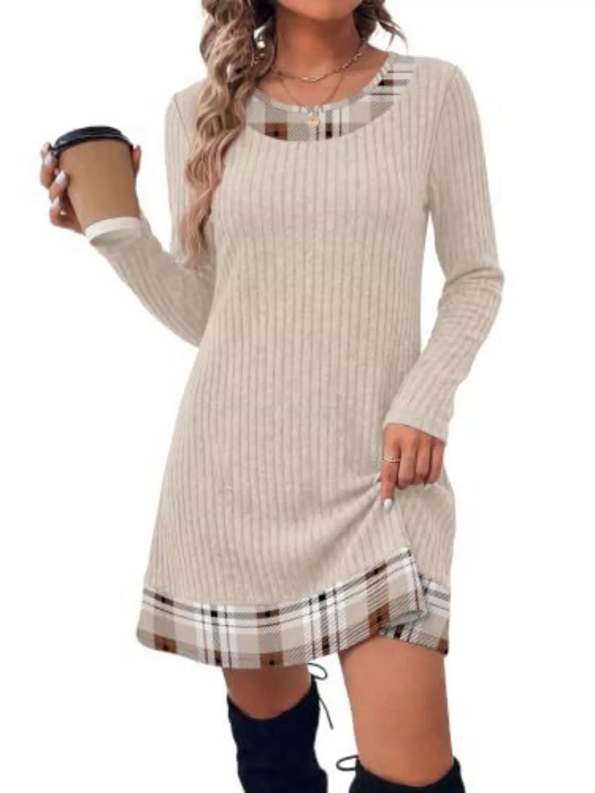 Round neck long sleeve mini dress, front view on model