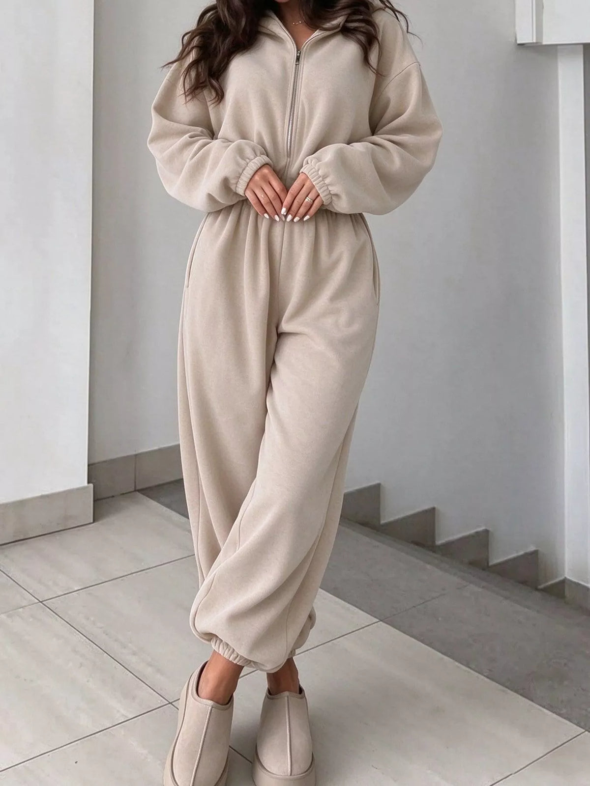 Zip Front Long Sleeve Jumpsuit — front view